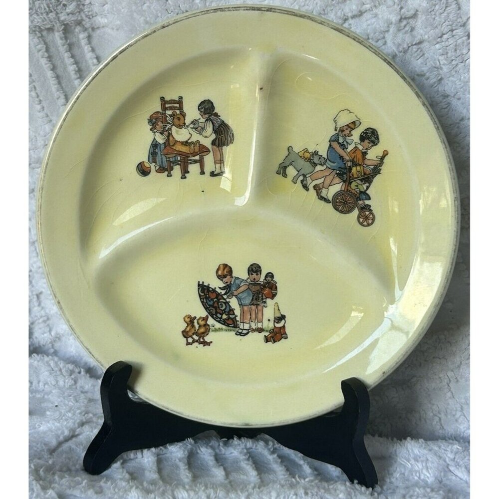 Yellow Divided Baby Plate Unmarked Divided Into 3 Sections Heavy 1#